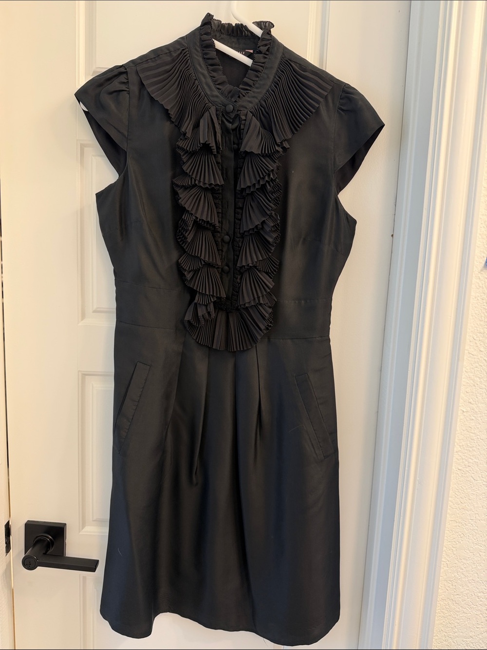 Ted Baker Ruffled Front Cap-Sleeve Silk Dress, Black, Sz 1
